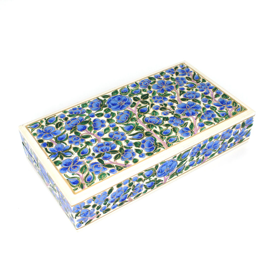 Paper Mache Planus Handmade Hand Painted Blue Floral Trinket Gifting Decorative Jewellery Box + Gold Foiled Wrapped Milk Chocolate Balls