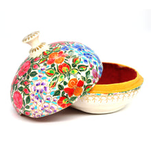 Load image into Gallery viewer, Large Paper Mache Trinket Box Chapeau – Handmade Hand Painted Florals Luxury Trinket Gift Box + Gold Foiled Wrapped Milk Chocolate Balls
