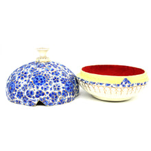 Load image into Gallery viewer, Paper Mache Small Chapeau Blue &amp; White Trinket Gifting Decorative Jewellery Storage Box + Gold Foiled Wrapped Milk Chocolate Balls
