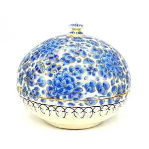 Paper Mache Small Chapeau Blue & White Trinket Gifting Decorative Jewellery Storage Box + Gold Foiled Wrapped Milk Chocolate Balls