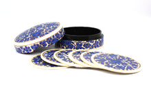 Load image into Gallery viewer, Paper Mache Round Coaster Set of 6 – Handmade Hand Painted Blue &amp; White Coaster Box Set
