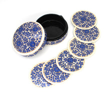 Load image into Gallery viewer, Paper Mache Round Coaster Set of 6 – Handmade Hand Painted Blue &amp; White Coaster Box Set
