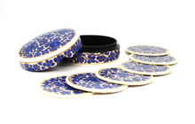 Load image into Gallery viewer, Paper Mache Round Coaster Set of 6 – Handmade Hand Painted Blue &amp; White Coaster Box Set
