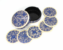 Load image into Gallery viewer, Paper Mache Round Coaster Set of 6 – Handmade Hand Painted Blue &amp; White Coaster Box Set
